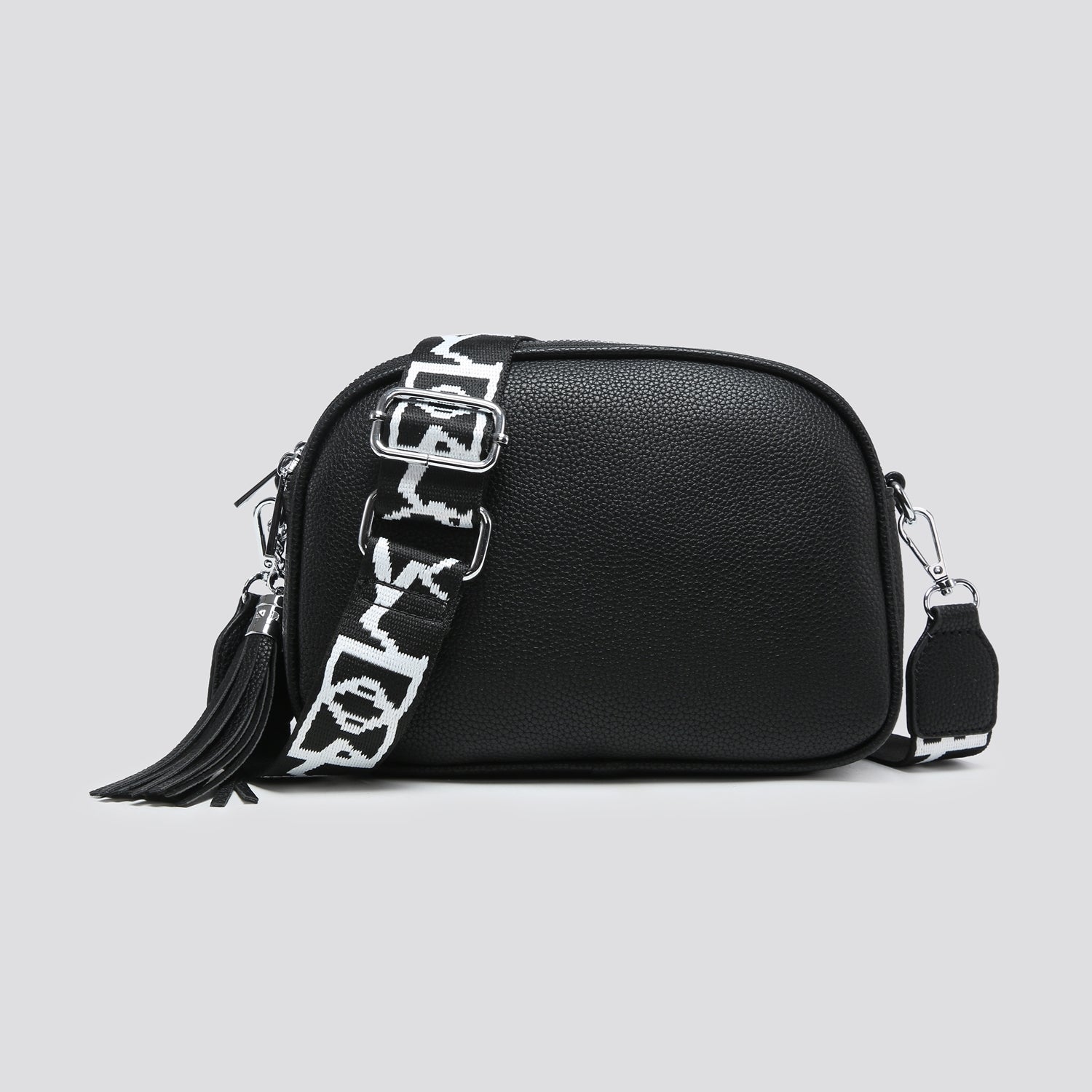Triple Zip Camera Handbag With Strap Black