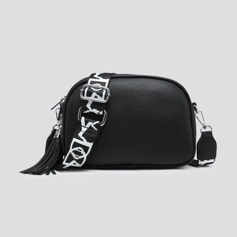 Triple Zip Camera Handbag With Strap Black