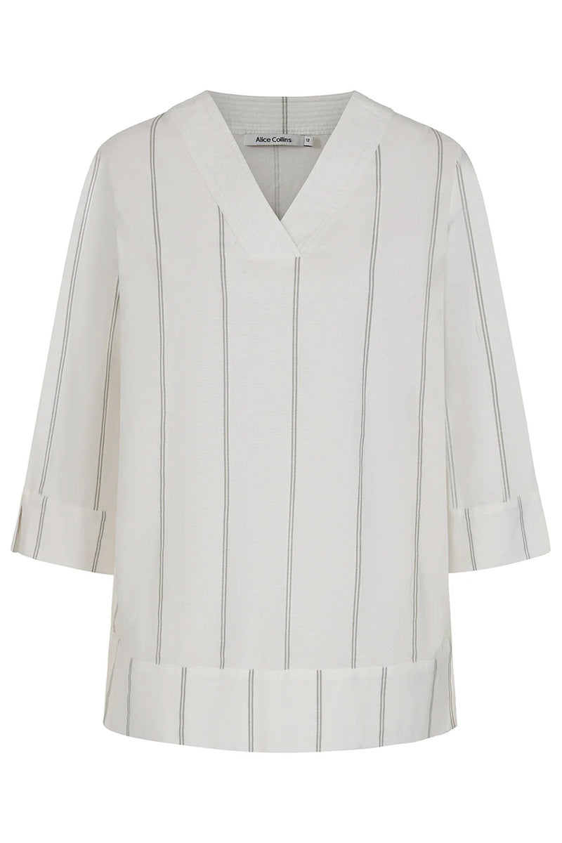 ALICE COLLINS Striped V-Neck Linen Top White/Grey