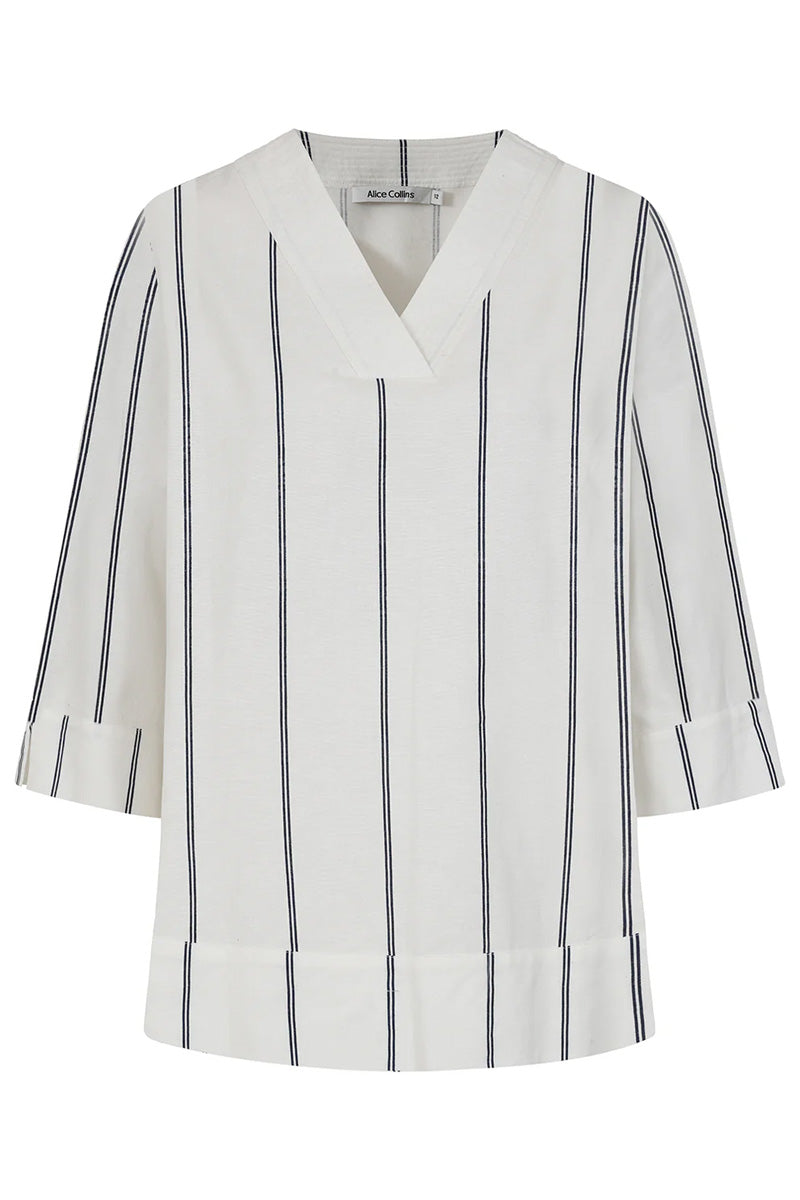 ALICE COLLINS Striped V-Neck Linen Top White/Midnight