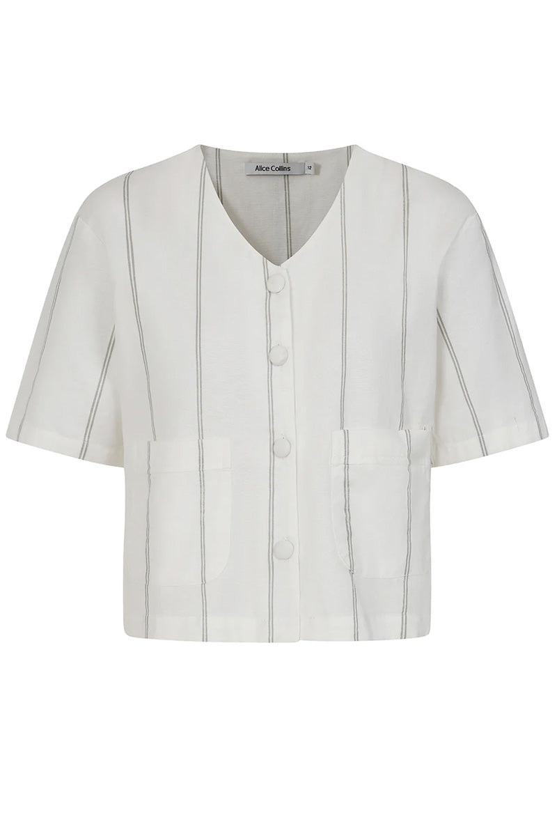 ALICE COLLINS Stripe V Button Jacket White/Grey