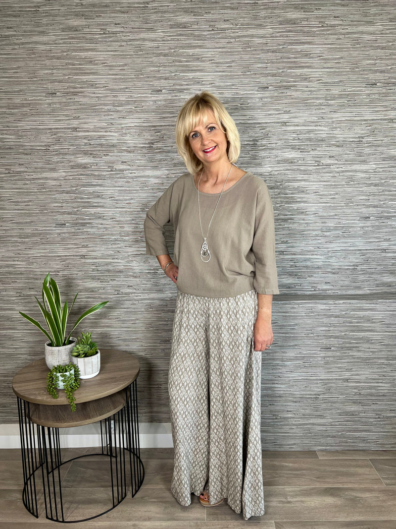 Jasmin Leaf Print Palazzo Trousers Taupe 8-14