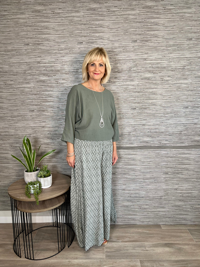 Jasmin Leaf Print Palazzo Trousers Khaki 8-14