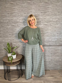 Jasmin Leaf Print Palazzo Trousers Khaki 8-14