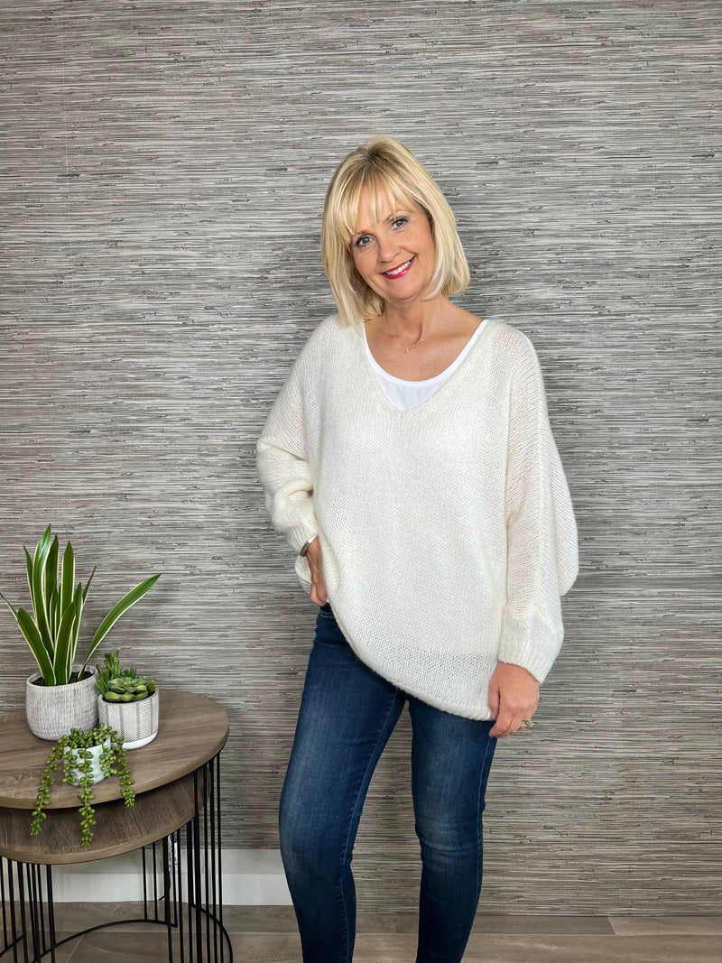 Avril V-Neck Mohair Sweater Winter White