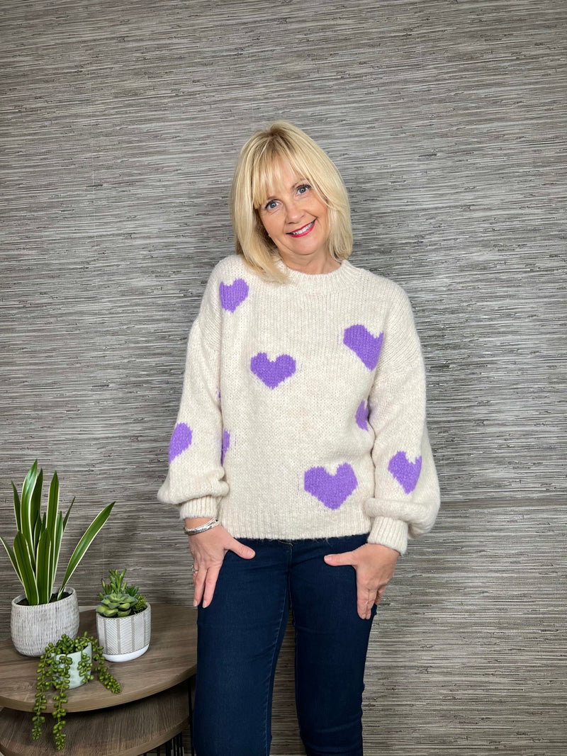 Minnie Heart Sweater Cream/Lilac Small