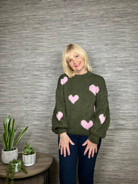 Minnie Heart Sweater Khaki/Pink Small