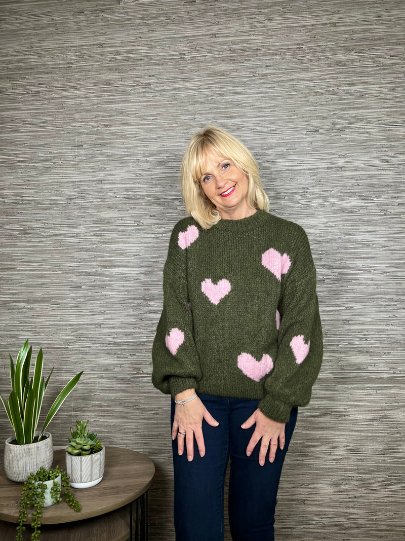Minnie Heart Sweater Khaki/Pink Small