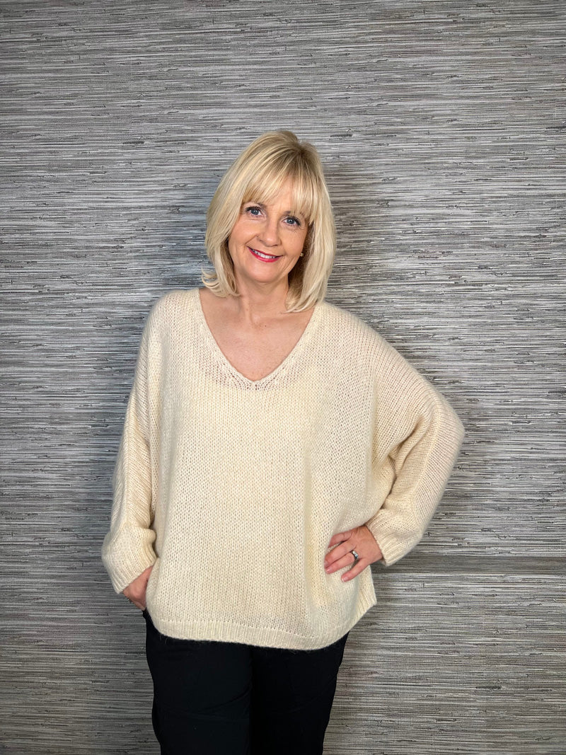 Avril V-Neck Mohair Sweater Buttermilk