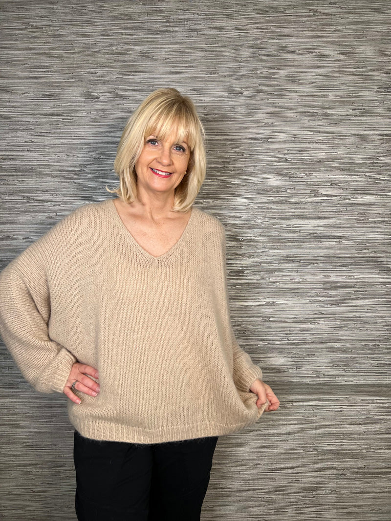 Avril V-Neck Mohair Sweater Biscuit