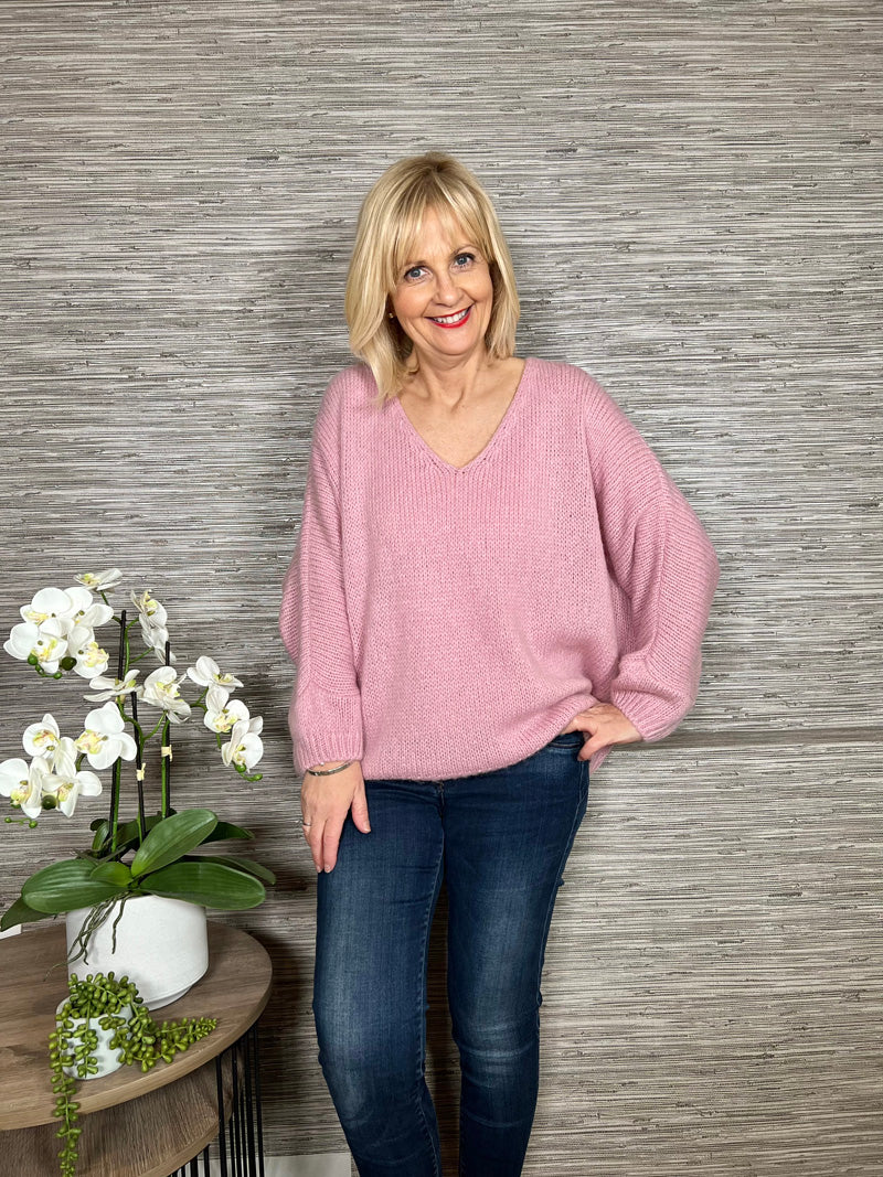 Avril V-Neck Mohair Sweater Blush