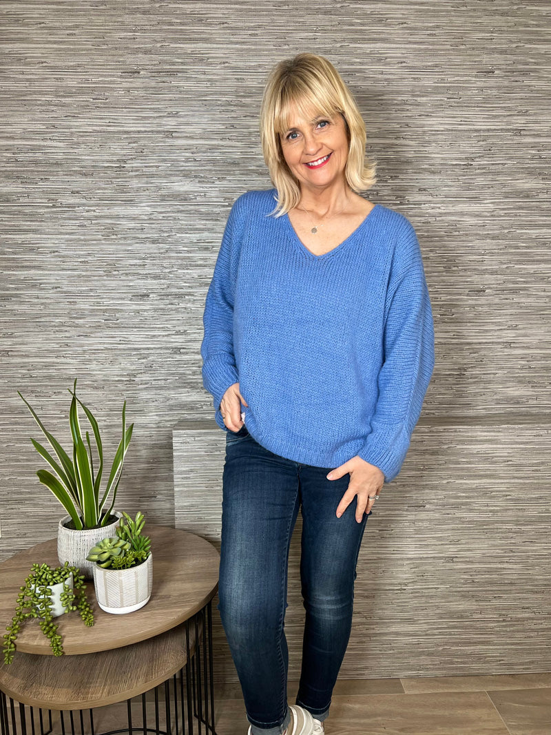 Avril V-Neck Mohair Sweater Cornflower Blue