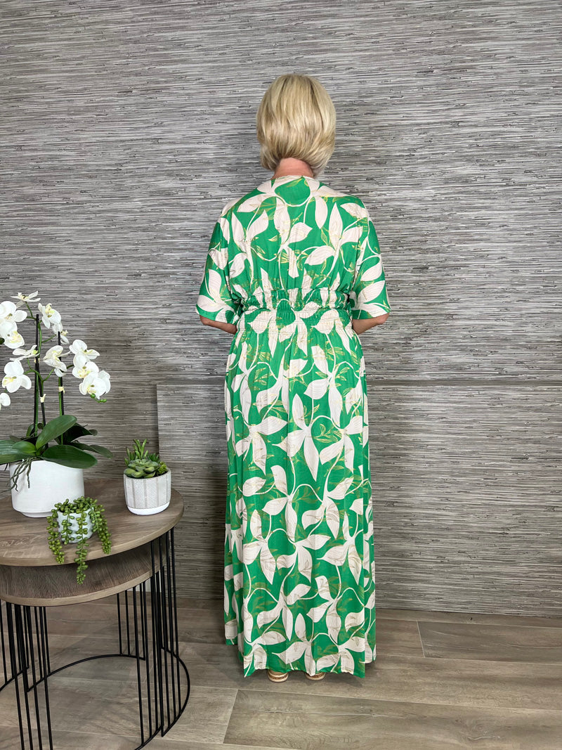 Alexa Leaf Print Maxi Dress Emerald