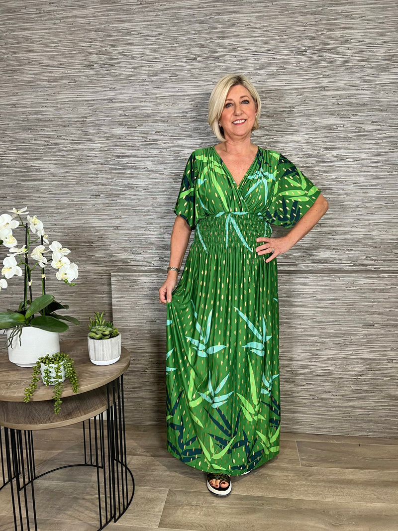 Alexa Tropical Print Maxi Dress Emerald