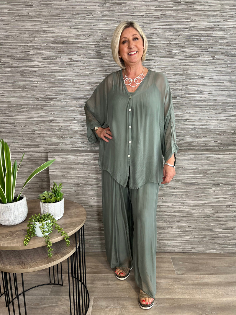 Silk Floaty Trousers Khaki 14-18