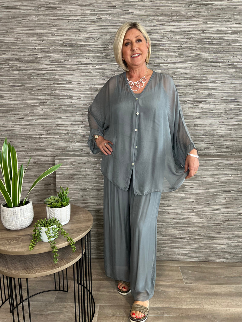 Silk Button Up Top Stone