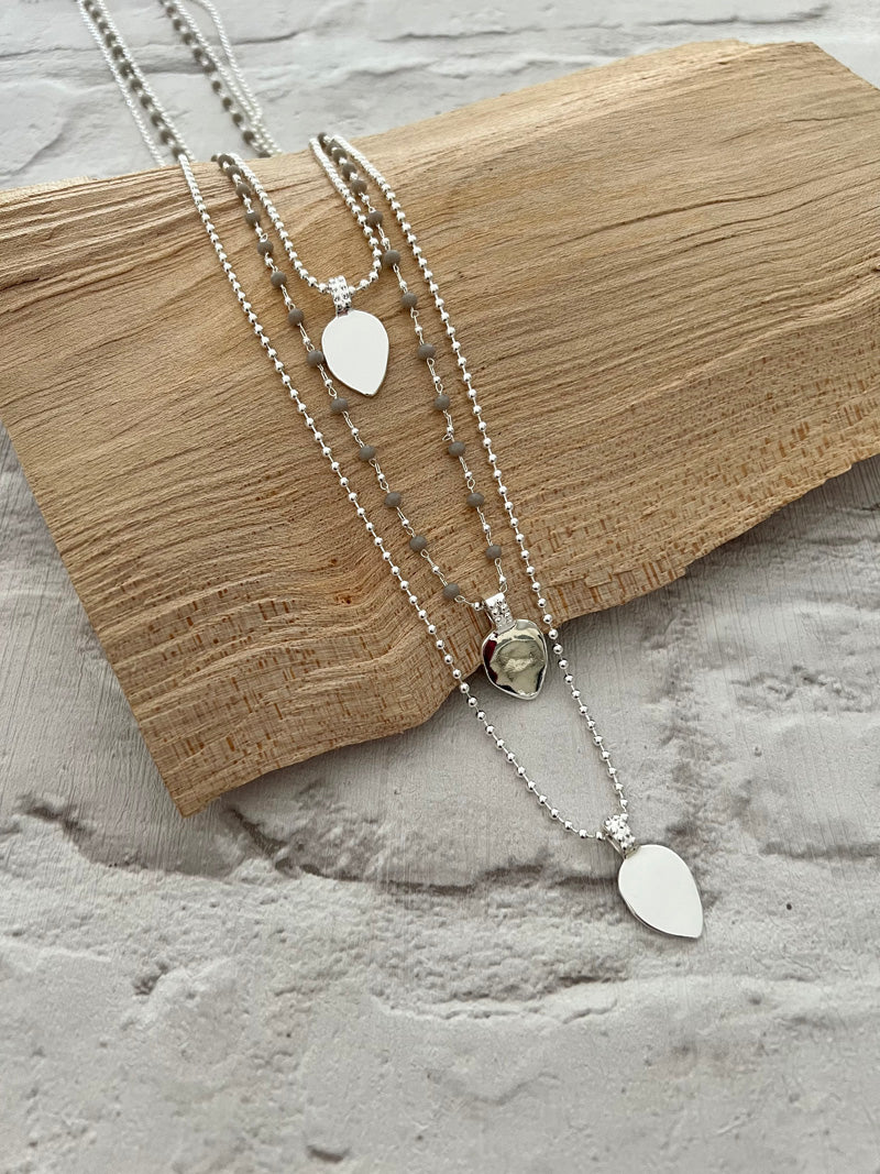 Triple Strand Heart Long Necklace Silver