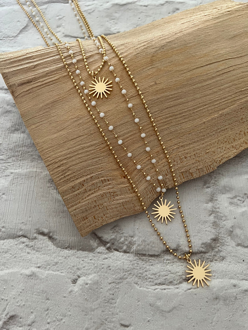 Triple Strand Sunburst Long Necklace Gold