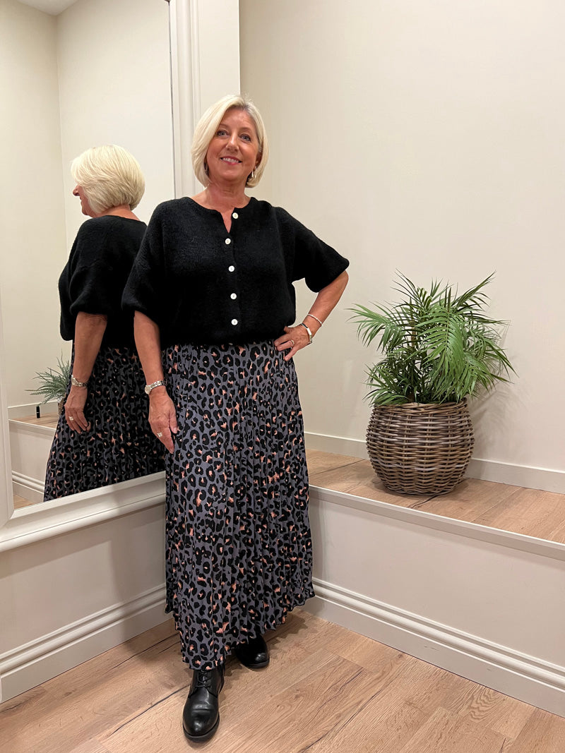 Animal Print Pleated Skirt Mid Grey