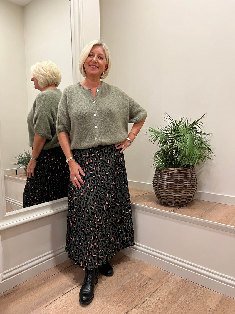 Animal Print Pleated Skirt Khaki 8-14