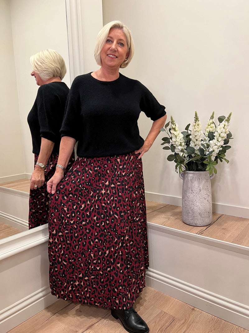 Animal Print Pleated Skirt Wine 8-14