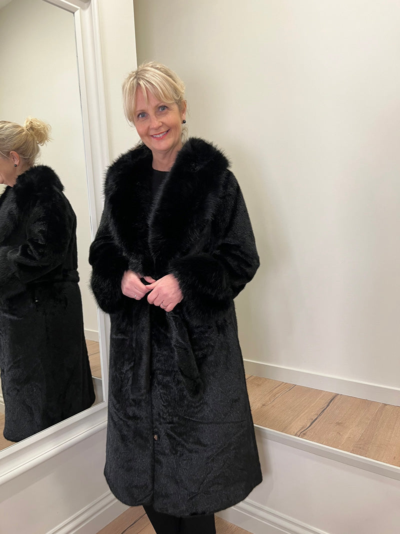 Lulu Full Length Faux Fur Coat Black 14-18