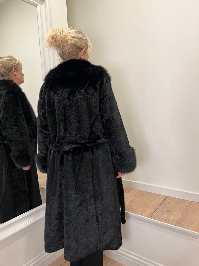 Lulu Full Length Faux Fur Coat Black 14-18