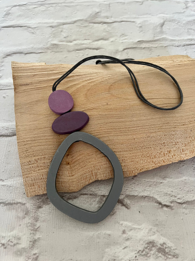 Amara Wooden Long Pendant Necklace Grey