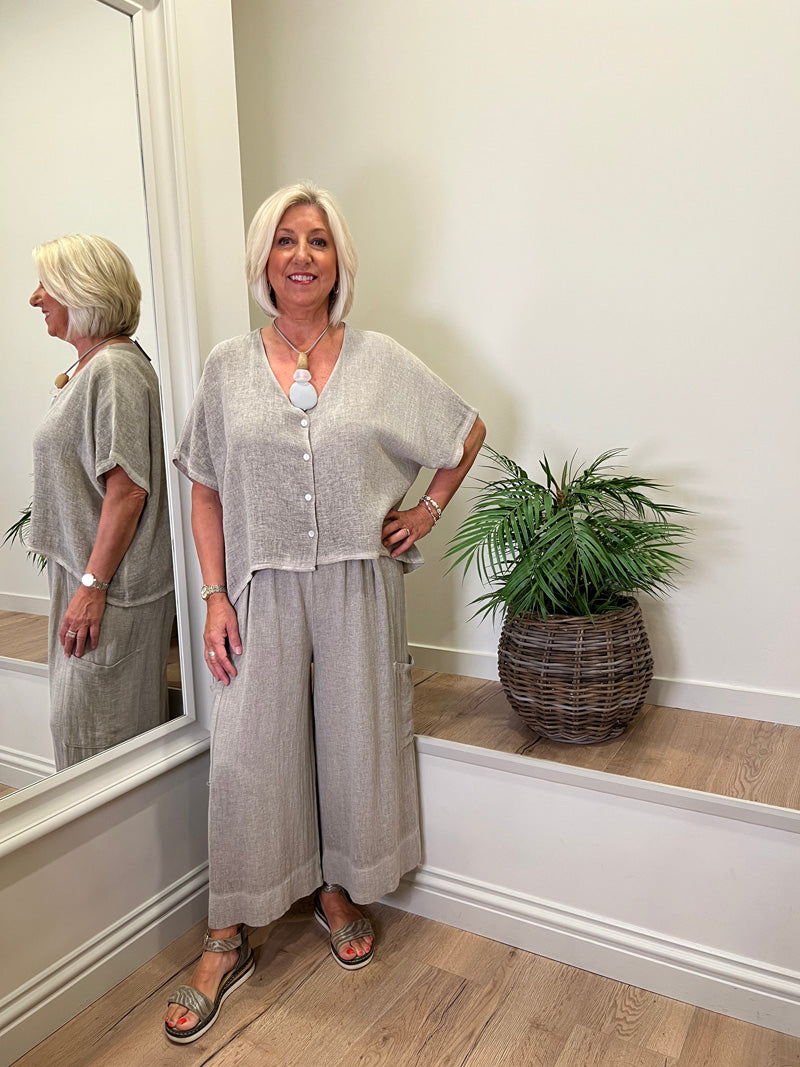 Ava Cotton V-Neck Crop Jacket Taupe