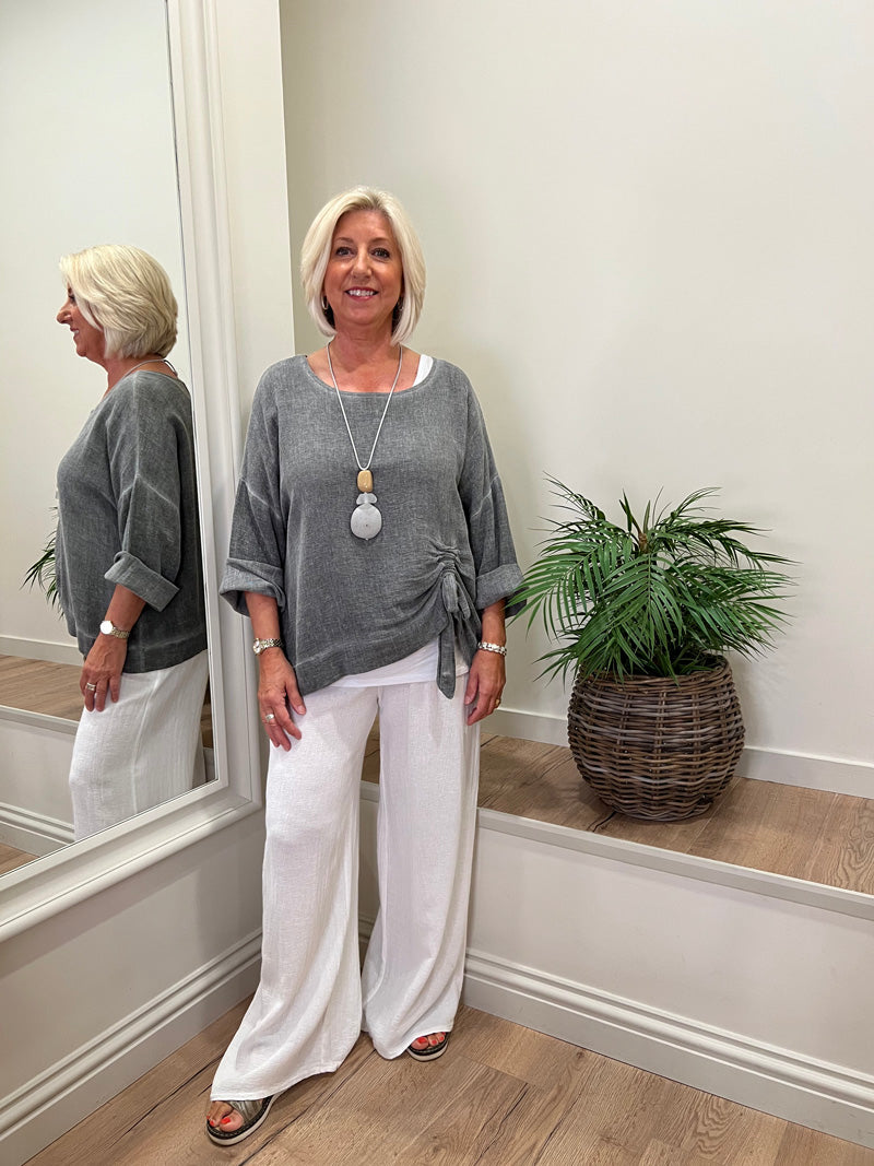 Ava Cotton/Linen Ruche Top Grey