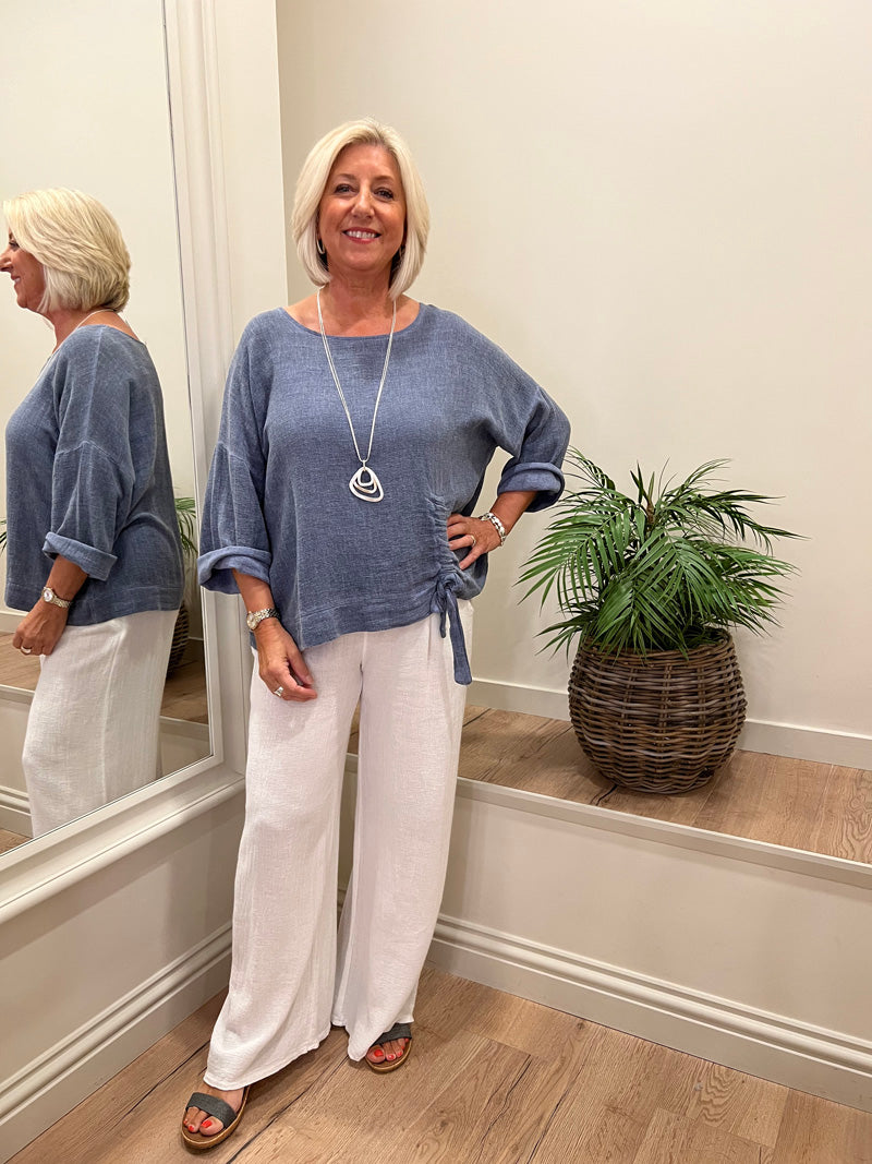 Ava Cotton/Linen Ruche Top Dark Denim