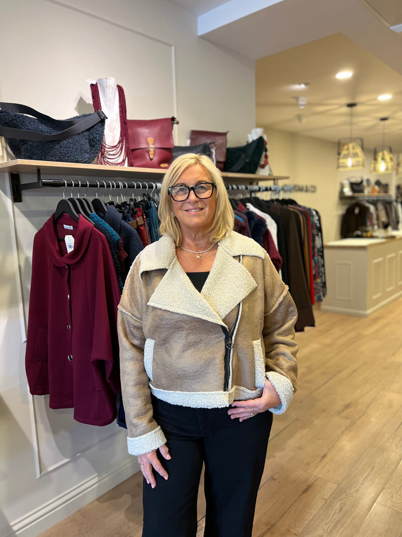 Faux Shearling Biker Jacket Cream/Camel