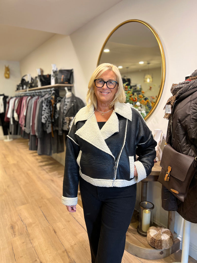 Faux Shearling Biker Jacket Cream/Black