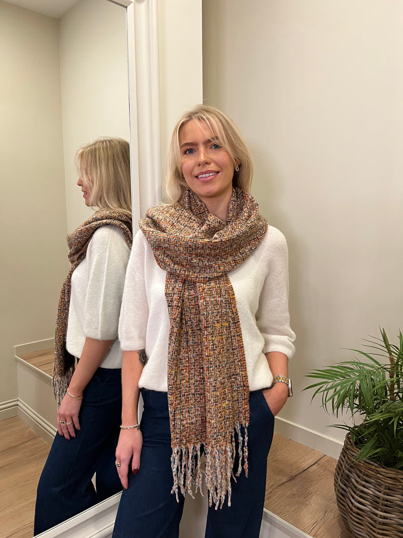 Tweed Multi Coloured Scarf Camel