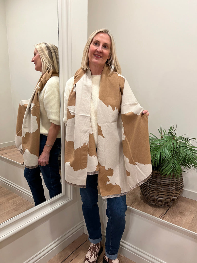 Cow Print Scarf Stone/Camel