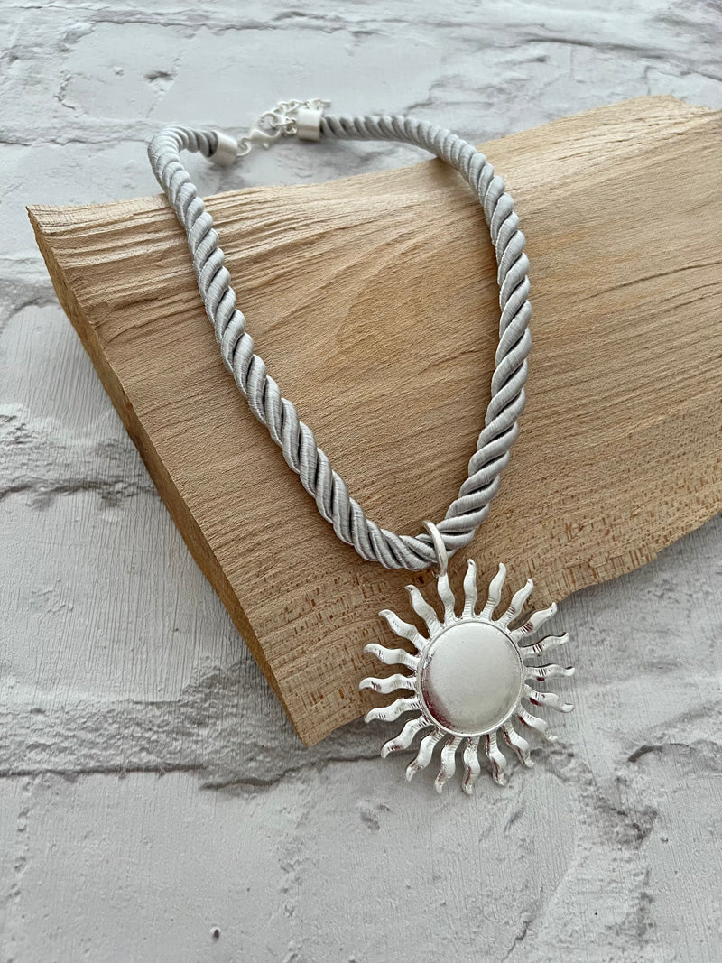 Statement Sunburst Necklace Pale Grey/Antique Silver