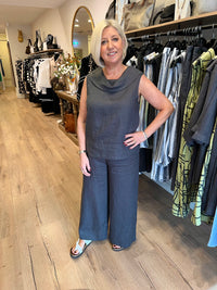 SEESAW Linen Button Back Cowl Top Charcoal