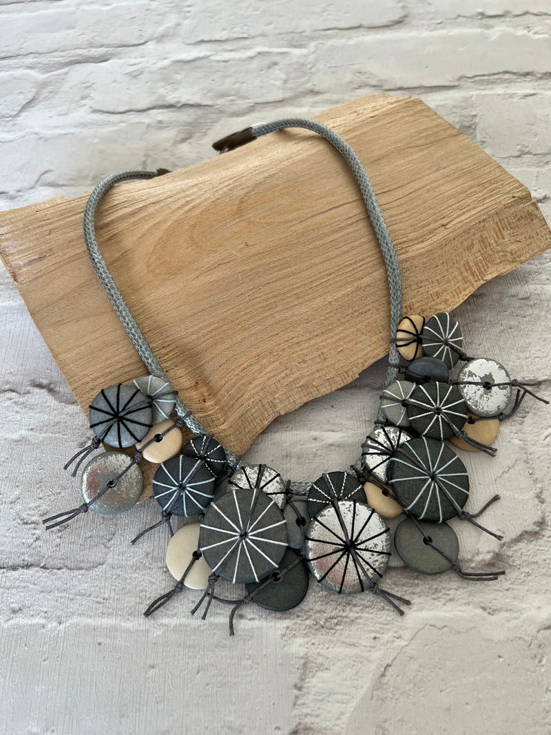 Bea Wooden Disc Necklace Grey