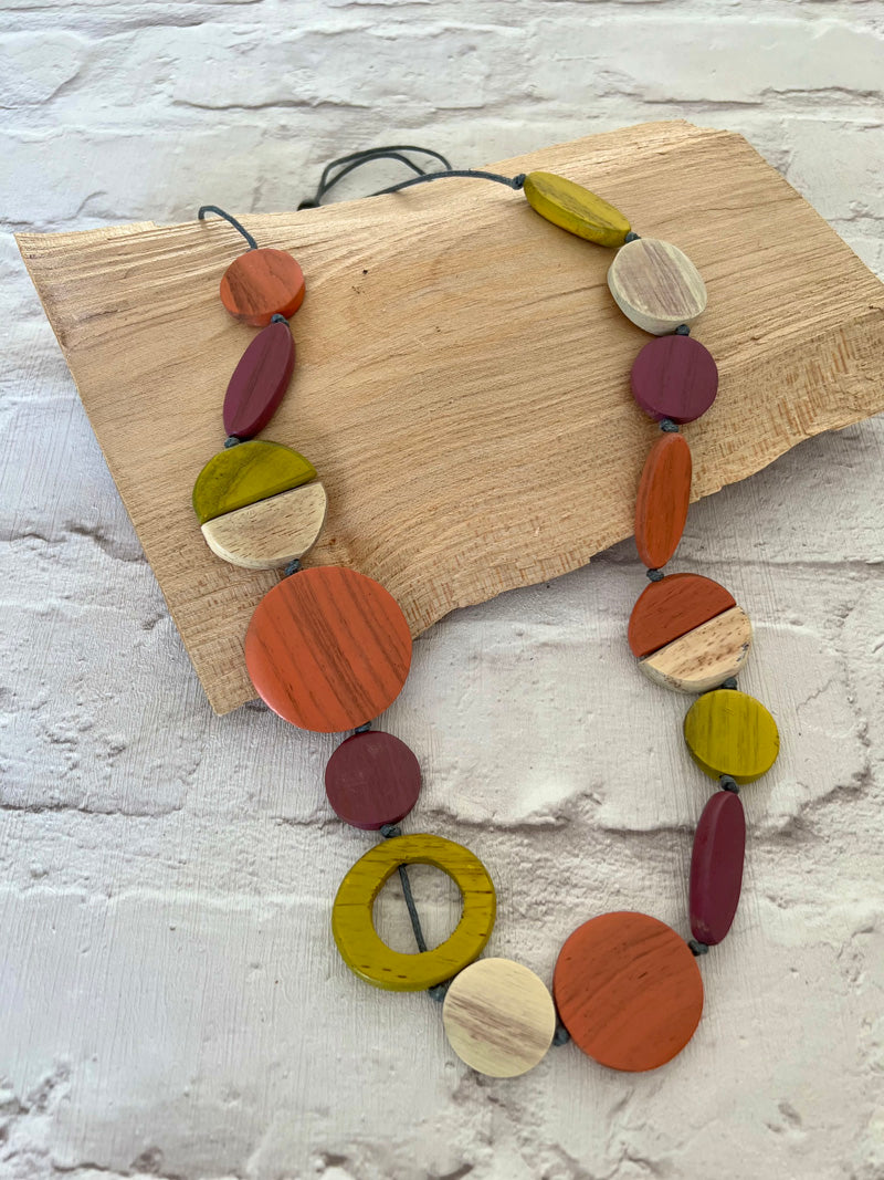 Sawyer Wooden Necklace Wine/Mustard