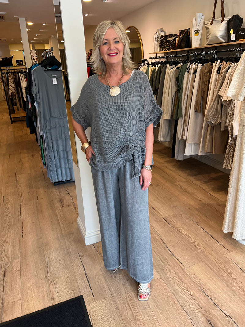 Ava Cotton/Linen Woven Ruche Top Grey