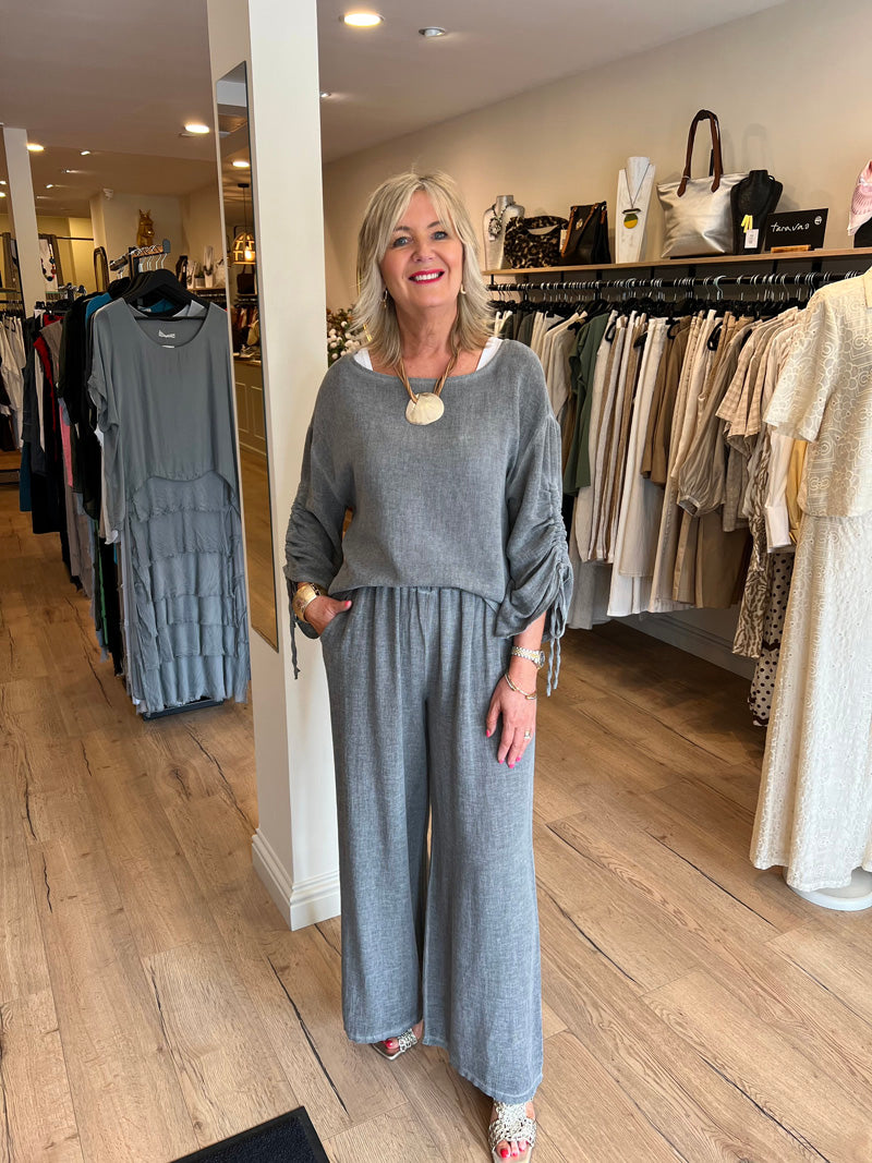 Ava Cotton/Linen Ruched Sleeve Top Grey