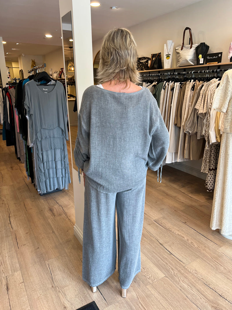Ava Cotton/Linen Ruched Sleeve Top Grey