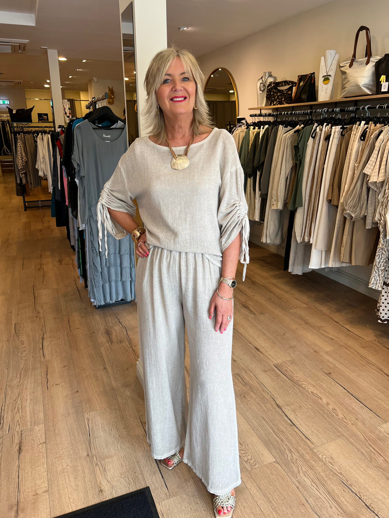Ava Cotton/Linen Ruched Sleeve Top Stone