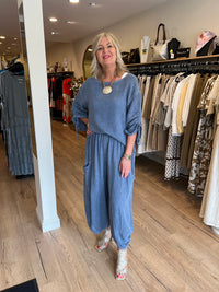 Ava Cotton/Linen Ruched Sleeve Top Dark Denim
