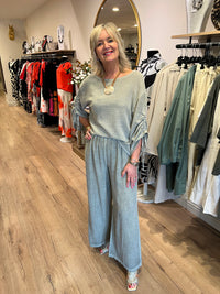 Ava Cotton/Linen Ruched Sleeve Top Khaki
