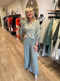Ava Cotton/Linen Ruched Sleeve Top Khaki