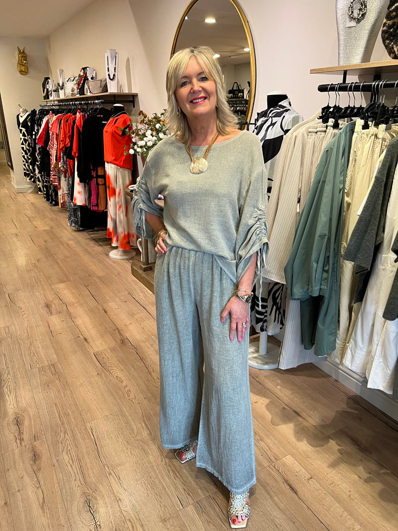 Ava Cotton/Linen Ruched Sleeve Top Khaki