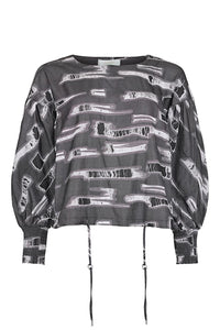 NOEN Frayed Print Statement Sleeve Top Grey