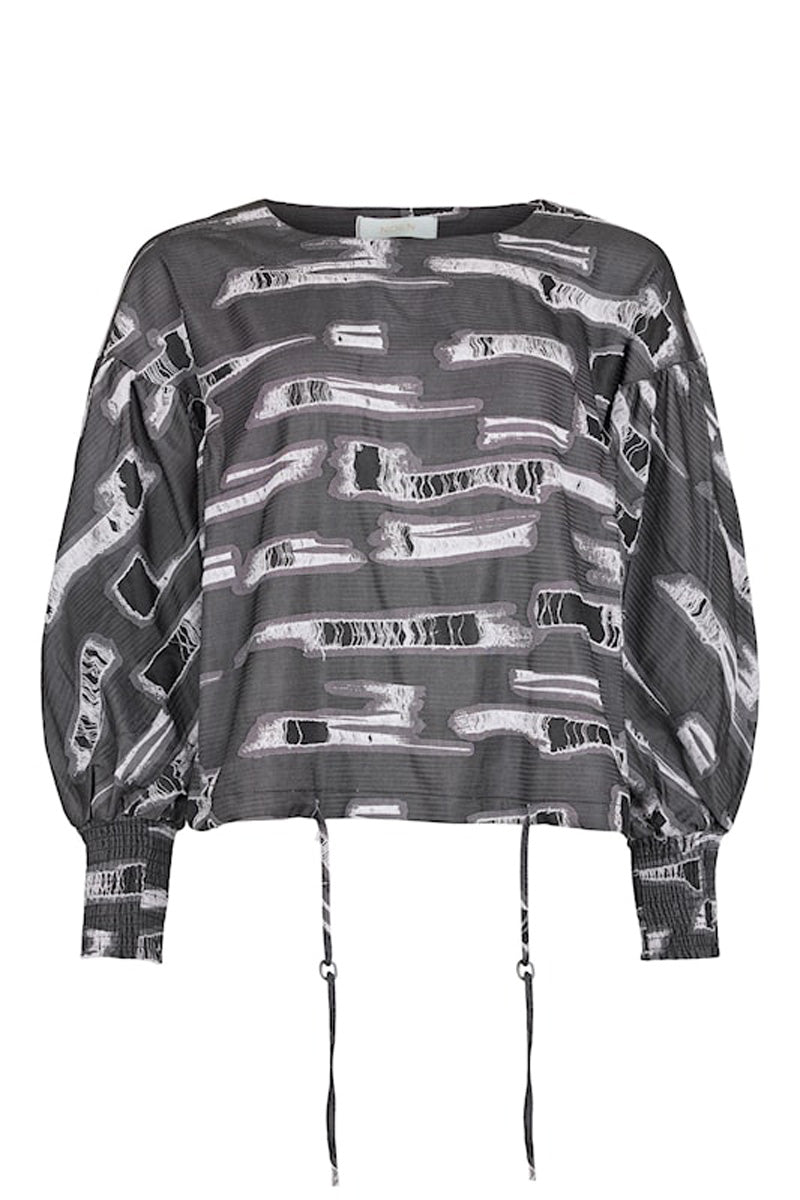 NOEN Frayed Print Statement Sleeve Top Grey