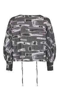 NOEN Frayed Print Statement Sleeve Top Grey